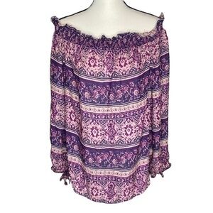Beach Lunch Lounge Top Off The Shoulder Boho Print Peasant Blouse Size Medium